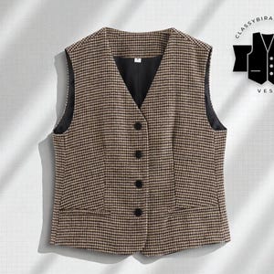 May include: A brown and black houndstooth vest with a V-neck and black buttons. The vest has two front pockets and a black lining. The image includes the text "CLASSYBIRANSTYLES" and "VEST".