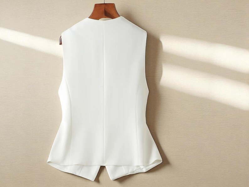 May include: A white sleeveless vest hanging on a wooden hanger. The vest features a V-neck and a tailored fit, with a split hem at the back. The fabric appears to be a smooth, woven material.