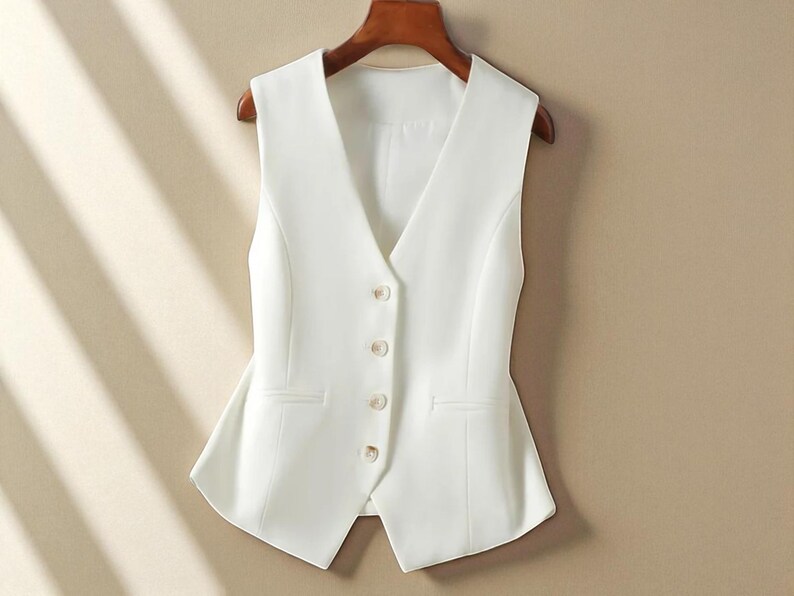 May include: A white vest with a V-neck design, tailored with three decorative buttons. The vest has two front pockets and is hanging on a wooden hanger. This garment is suitable for formal or business attire.