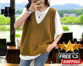 Sleeveless Wool Sweater Vest | Loose Fit Knit Top | Women&#39;s Cozy Knitted Apparel | Lightweight Autumn Fashion | Comfortable Everyday Wear