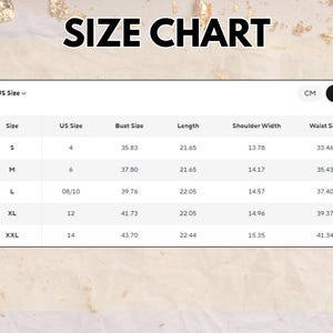 May include: A size chart with measurements in inches for bust, length, shoulder width, and waist size. The chart includes sizes S, M, L, XL, and XXL, with corresponding US sizes and measurements.