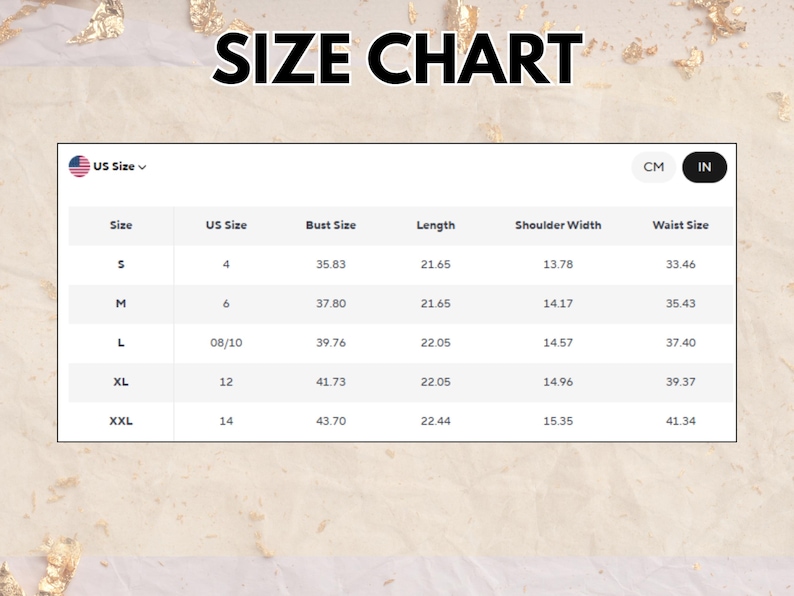 May include: A size chart with measurements in inches for bust, length, shoulder width, and waist size. The chart includes sizes S, M, L, XL, and XXL, with corresponding US sizes and measurements.
