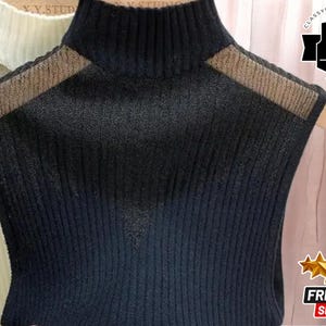Camisa de malla transparente para mujer / Top de cuello alto de punto sin mangas / Camiseta de tirantes de cuello alto acanalado / Chaleco elegante de corte entallado / Moda chic de otoño