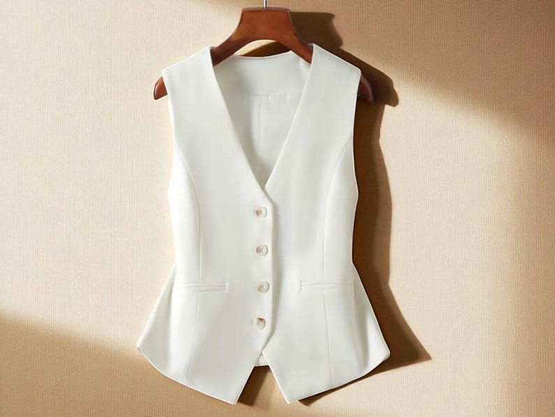 May include: A white waistcoat with a V-neck and four buttons. The waistcoat has two front pockets and is hanging on a wooden hanger. The fabric is smooth and the fit is tailored.