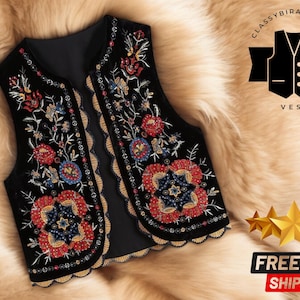 Women’s Sleeveless Waistcoat | Boho Embroidered Vest  | Vintage Style Cardigan | Floral Crop Top | Casual Streetwear Fashion