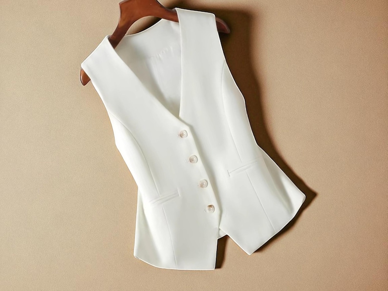 May include: A white, tailored waistcoat with a V-neck and four button closure. The waistcoat has two front pockets and is hanging on a wooden hanger. The garment is a formal style, against a neutral background.