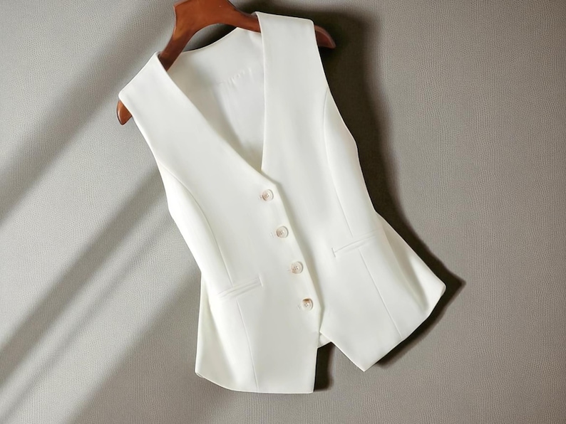 May include: A white waistcoat with a V-neck and button closure. The tailored vest features two mock pockets and hangs on a wooden hanger. The garment is made of a smooth, solid-coloured fabric.