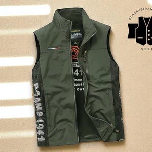 Men&#39;s Sleeveless Jacket | Turn-Down Collar Work Vest | Breathable Mesh Zip-Up Coat | Casual Solid Loose Top | Outdoor Fishing Utility Wear