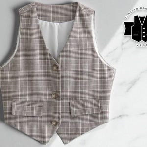 May include: A tailored vest in a brown and white plaid pattern. The vest has a V-neck, three buttons, and two front pockets. The interior lining is white. The logo on the right side says "VEST" and "CLASSYBIRANSTYLES".