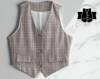 Plaid Vest for Women | Vintage Houndstooth Crop Waistcoat | V Neck Sleeveless Top | Button Down Layer | Chic Fall Office Outfit
