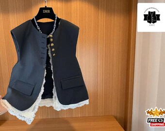Women's Retro Sleeveless Vest | Loose Lace Trim Design | Casual Round-Neck Buttoned Top | Victorian-Inspired Style Waistcoat