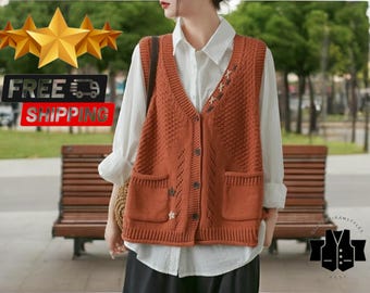 Women&#39;s Vintage Sweater Vest | Knitted Lace-Up Sleeveless Top | Loose Fit Hollow-Out Design | Embroidered Details With Pockets