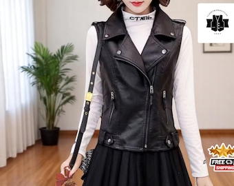 Women’s Zippered Leather Vest | Biker-Style Sleeveless Top | Casual Fashion Vest | Stylish Waistcoat for Everyday Wear
