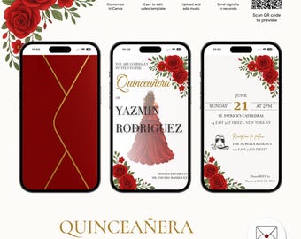 Bearbeitbare Quinceanera-Einladung Rotes Kleid, Sweet 16 Invite, animierte digitale Vorlage mit Musik, rote Quinceaño-Blumen und Kleid, QNV-3801