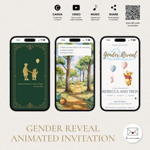 Convite editável para revelação do sexo do bebê do Ursinho Pooh, modelo digital animado com música Lo-Fi, Uma Grande Aventura, GRV-5302