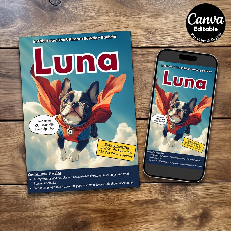 Frenchie Superhero Birthday Invitation Best Friend, Puppy, Bulldog