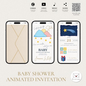 Invitación digital para baby shower, plantilla de video animado editable, invitación digital para revelación de género, Twinkle Little Star BSV-5209