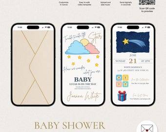 Digital Baby Shower Invitation, Editable Animated Video Template, Gender Reveal Baby Shower Digital Invite, Twinkle Little Star BSV-5209