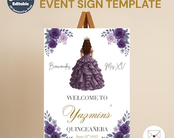 Bearbeitbares Quinceanera Willkommensschild Lila Kleid, Ereignis- und Empfangsanzeige, Eingangsbegrüßung, Lila Quinceaña Blumen und Kleid, RS-3806