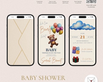 May include: Three smartphone screens displaying a baby shower invitation. The central screen shows a teddy bear holding balloons. The invitation includes the text "Baby Thomas is on the Way" and event details. The bottom of the image reads "Baby Shower Animated Invitation."