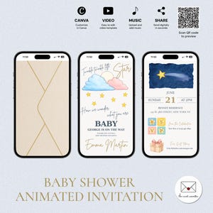 Digitale baby showeruitnodiging, bewerkbare geanimeerde videosjabloon, gender Reveal babyshower digitale uitnodiging, Twinkle Little Star BSV-5208