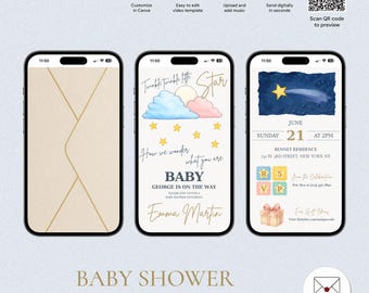 Digital Baby Shower Invitation, Editable Animated Video Template, Gender Reveal Baby Shower Digital Invite, Twinkle Little Star BSV-5208