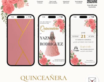 Bearbeitbare Quinceanera-Einladungs-Rosa-Kleid, Sweet 16 Invite, animierte digitale Vorlage mit Musik, Quinceaño-Blumen und Kleid, QNV-3805