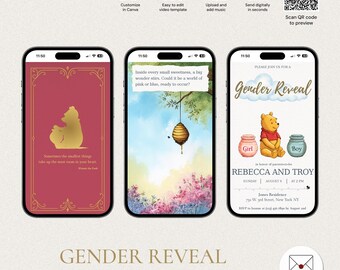 Bearbeitbare Winnie the Pooh Gender Reveal Einladung, animierte digitale Vorlage, inklusive Musik, die kleinsten Dinge, GRV-5313