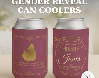 Personalisierte Winnie the Pooh Gender Reveal Dosenkühler, Pink Can Cozy, Cooler Sleeve, Party Favor, Babyparty, doppelseitiger Druck, KOO-5313