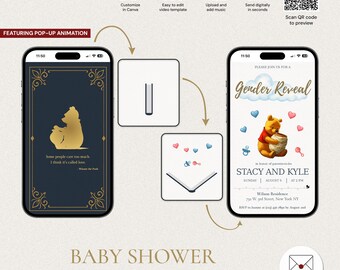 Bearbeitbare Winnie the Pooh Pop-Up Storybook Gender Reveal Einladung, animierte digitale Vorlage, ich denke, es heißt Liebe, GRV-5310