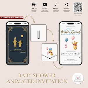 Invitación desplegable editable de Winnie the Pooh para revelar el género del bebé, plantilla digital animada, ¡Te espera una aventura!, GRV-5307