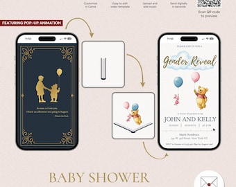 Bearbeitbare Winnie the Pooh Pop-Up Storybook Gender Reveal Einladung, animierte digitale Vorlage, Abenteuer erwartet, GRV-5307