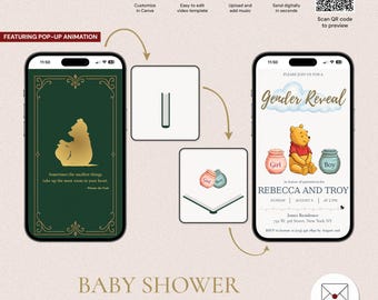 Bearbeitbare Winnie the Pooh Pop-Up Storybook Gender Reveal Einladung, animierte digitale Vorlage, die kleinsten Dinge, GRV-5311
