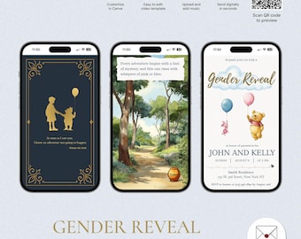 Bearbeitbare Winnie the Pooh Gender Reveal Einladung, animierte digitale Vorlage mit Lo-Fi-Musik, Adventure Awaits, GRV-5301
