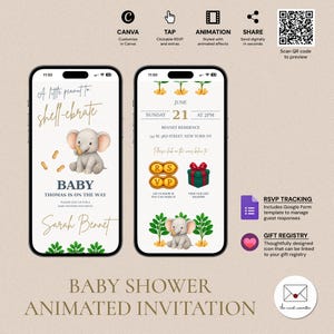 May include: A digital baby shower invitation with a cute cartoon elephant holding a peanut. The invitation is styled with animated effects and includes a clickable RSVP button. The text on the invitation reads "A little peanut to shell-ebrate" and "Baby Thomas is on the way".