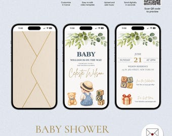 Bearbeitbare Süßer Baby Junge Babyparty Videoeinladung mit Musik, Blaue Fliege Teddybär Thema, animierte digitale Vorlage, BSV-5228