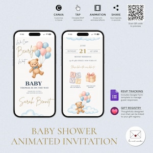 Bearbeitbar We Can BearlyWaist Babyparty-Website-Einladung, animierte digitale Vorlage mit U.S.P.-Formular, Braunbär-Ballon, BSW-5201