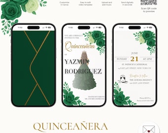 Bearbeitbare Quinceanera-Einladung Grünes Kleid, Sweet 16 Invite, animierte digitale Vorlage mit Musik, Quinceamaßa-Blumen und Kleid, QNV-3804