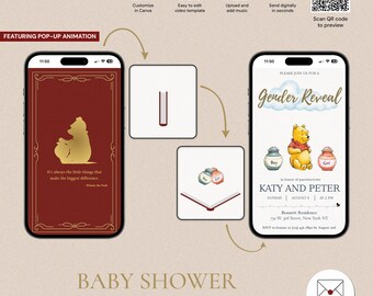 Bearbeitbare Winnie the Pooh Pop-Up Storybook Gender Reveal Einladung, animierte digitale Vorlage, machen Sie den größten Unterschied, GRV-5312