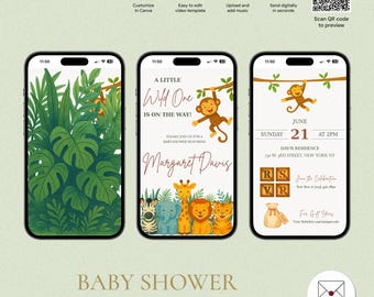 Bearbeitbar Eine kleine Wild One-Babyparty-Videoeinladung, animierte digitale Vorlage mit Musik, Dschungel- und Safari-Tierthema, BSV-5226