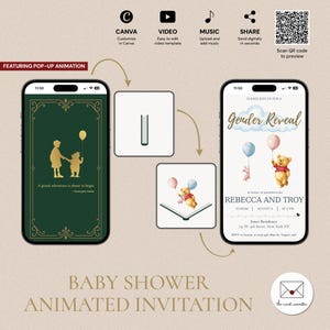 Invitación desplegable editable de Winnie the Pooh para revelar el género, plantilla digital animada, Una gran aventura, GRV-5308