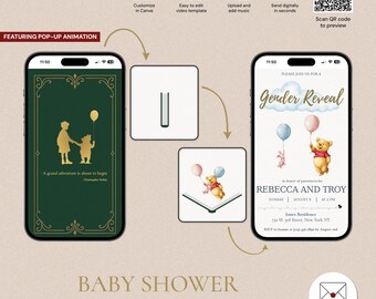 Bearbeitbare Winnie the Pooh Pop-Up Storybook Gender Reveal Einladung, animierte digitale Vorlage, ein großes Abenteuer, GRV-5308