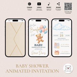 Modèle d'invitation numérique modifiable We can Bearly Wait, sexe révélateur, bébé garçon, petite fille, ballon ours brun cravate rose, BS-5227