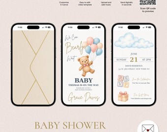 Bearbeitbar Wir können kaum warten Digitale Babyparty Einladung Vorlage, Geschlecht offenbaren, Baby Junge Baby Mädchen, rosa Krawatte Braunbär Ballon, BS-5227