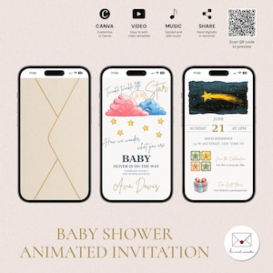 Invitación digital para baby shower, plantilla de video animado editable, invitación digital para revelación de género, Twinkle Little Star BSV-5210