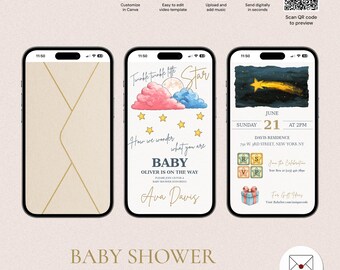 Digital Baby Shower Invitation, Editable Animated Video Template, Gender Reveal Baby Shower Digital Invite, Twinkle Little Star BSV-5210