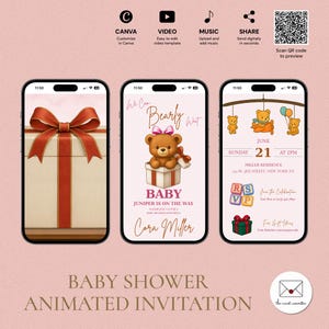 Invito video modificabile per baby shower "We Can Bearly Wait", modello digitale animato con musica lo-fi, palloncino a forma di orso bruno, BSV-5225