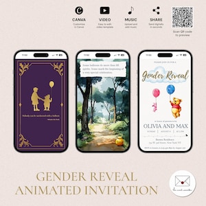 Invitación editable de Winnie the Pooh para revelar el género, plantilla digital animada con acuarela, globos azules y rosas, GRV-5303