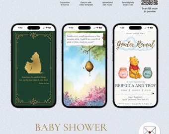 Bearbeitbare Winnie the Pooh Gender Reveal Einladung, animierte digitale Vorlage, inklusive Musik, die kleinsten Dinge, GRV-5305