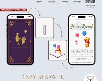 Bearbeitbare Winnie the Pooh Pop-Up Storybook Gender Reveal Einladung, animierte digitale Vorlage, blaue und rosa Ballons, GRV-5309